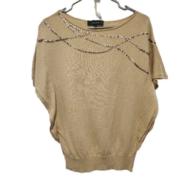 Jones Wear Metallic Sequin Batwing Knit Top Beige Gold Size M - Picture 1 of 11
